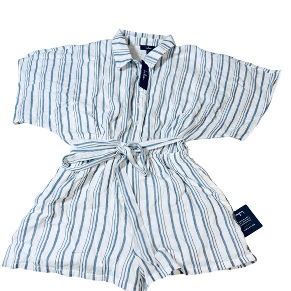 NWT Lulus Medium Sun-Drenched Sweetie White and Blue Striped Button-Up Romper - Picture 3 of 11
